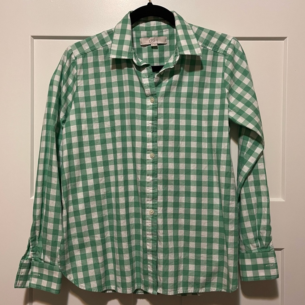 LOFT Blouse, 100% Cotton, Mint Green & White Gingham, EUC, slightly cropped, XS